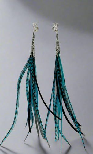 Teal Feather & Leather Earrings